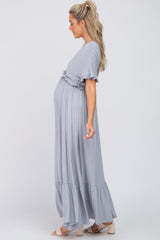 Silver Solid Ruffle Maternity Maxi Dress