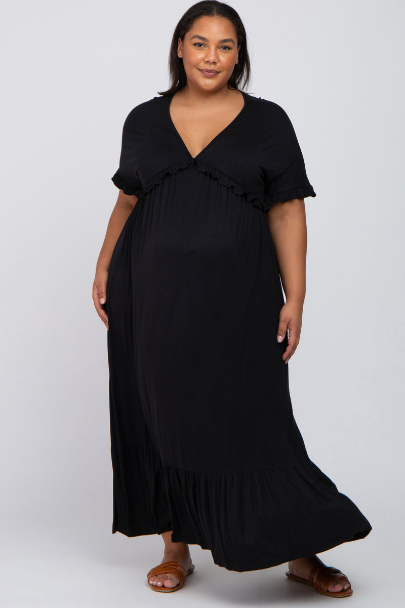 Black Solid Ruffle Maternity Plus Maxi Dress– PinkBlush