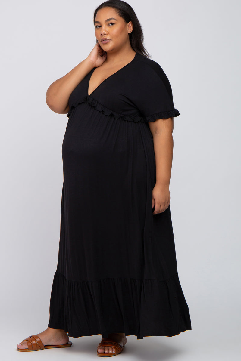 Black Solid Ruffle Maternity Plus Maxi Dress– PinkBlush