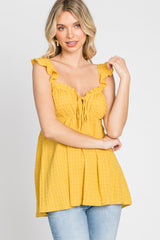 Yellow Plaid Pattern Sweetheart Neck Front Tie Top