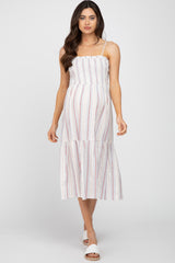 Red Striped Smocked Square Neck Maternity Midi Dress