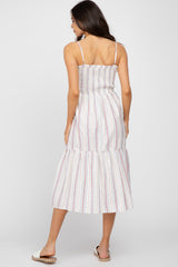 Red Striped Smocked Square Neck Maternity Midi Dress