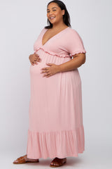 Light Pink Solid Ruffle Maternity Plus Maxi Dress