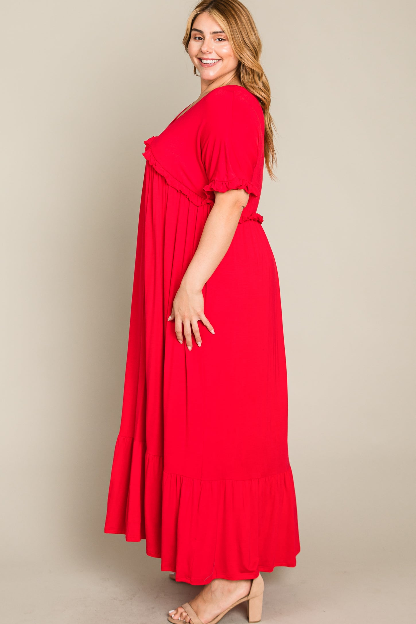 Red Solid Ruffle Plus Maxi Dress