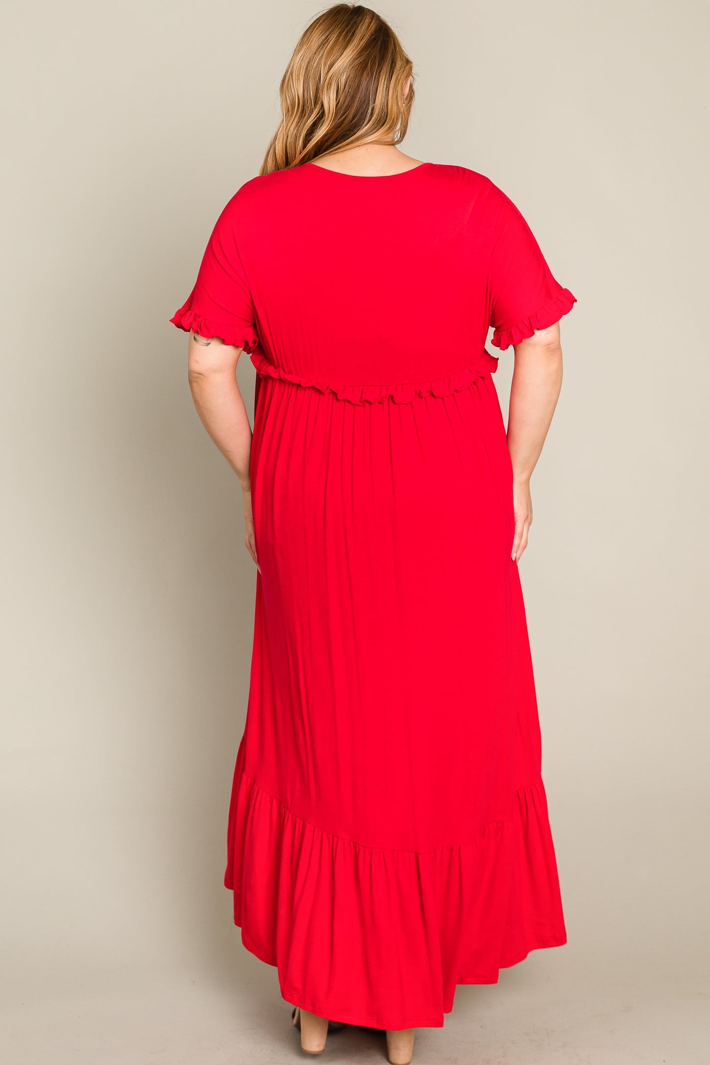 Red Solid Ruffle Plus Maxi Dress