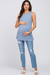 Blue Sleeveless Ruched Maternity Top