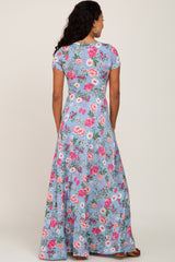 Light Blue Floral Front Twist Maxi Dress