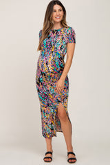 Black Multi-Color Floral Side Slit Maternity Maxi Dress
