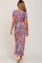 Fuchsia Multi-Color Floral Side Slit Maternity Maxi Dress