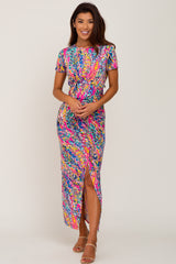 Fuchsia Multi-Color Floral Side Slit Maternity Maxi Dress