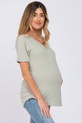 Sage V-Neck Maternity Short Sleeve Round Hem Top