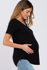 Black V-Neck Maternity Short Sleeve Round Hem Top