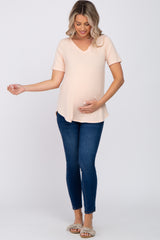Peach V-Neck Maternity Short Sleeve Round Hem Top