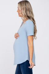 Blue V-Neck Maternity Short Sleeve Round Hem Top