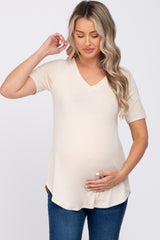 Taupe V-Neck Maternity Short Sleeve Round Hem Top