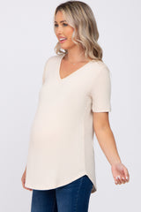 Taupe V-Neck Maternity Short Sleeve Round Hem Top