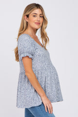Blue Floral Babydoll Short Sleeve Maternity Top