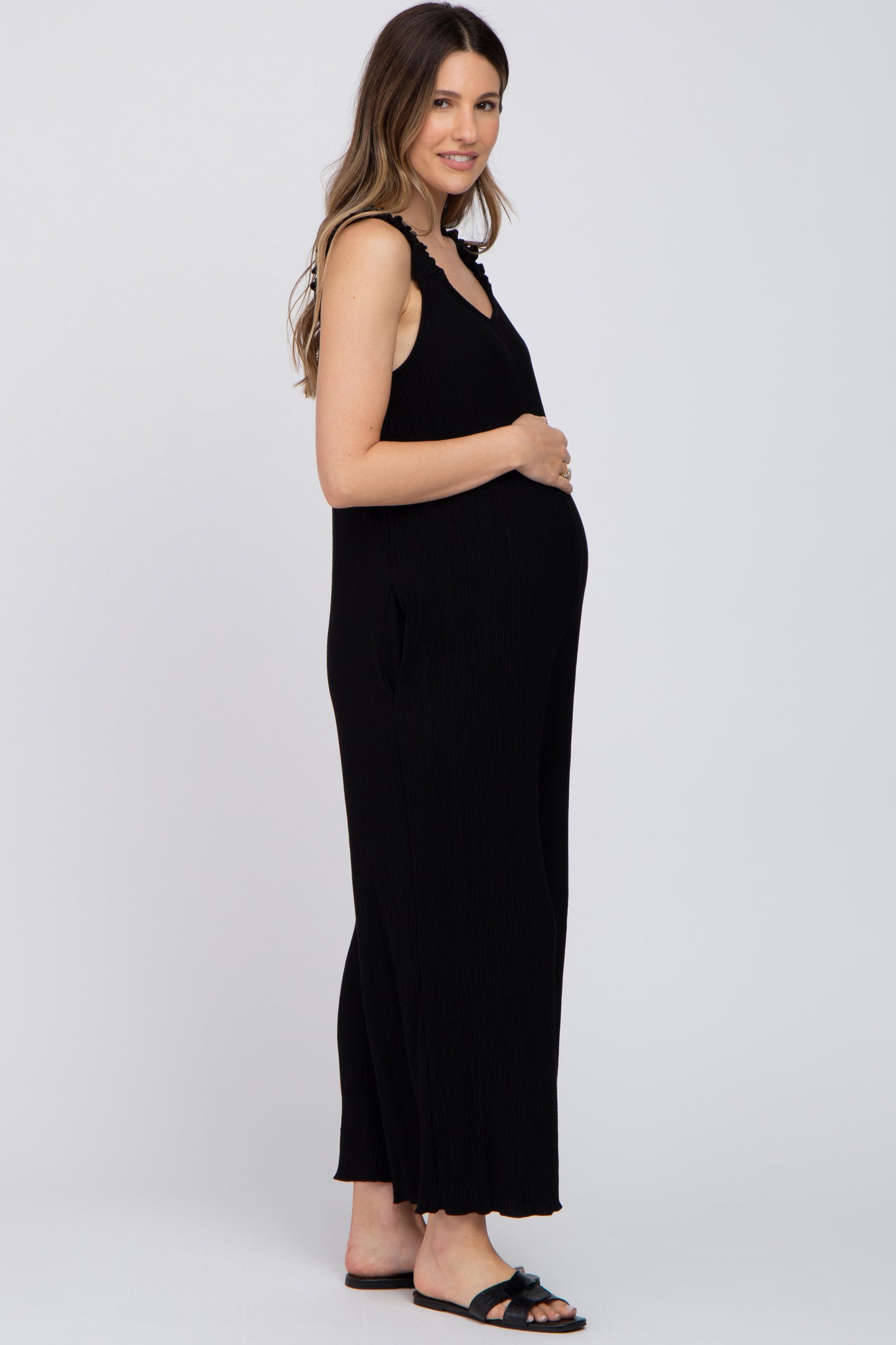 Black Ribbed Ruffle Trim Wide Leg Sleeveless Maternity Jumpsuit