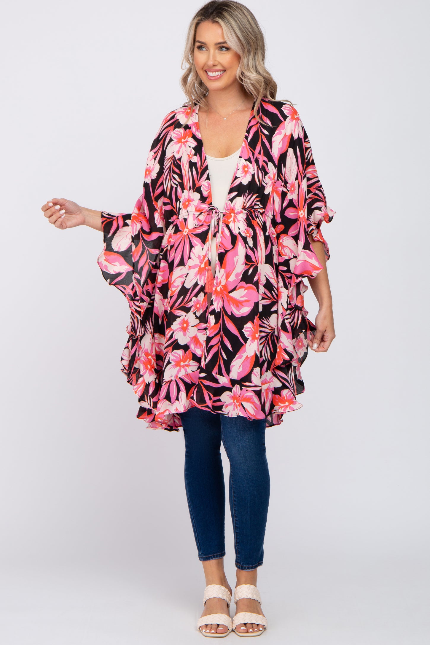 Pink Floral Ruffle Sleeve Maternity Cover Up PinkBlush