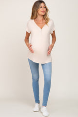 Beige Button V-Neck Maternity Short Sleeve Top