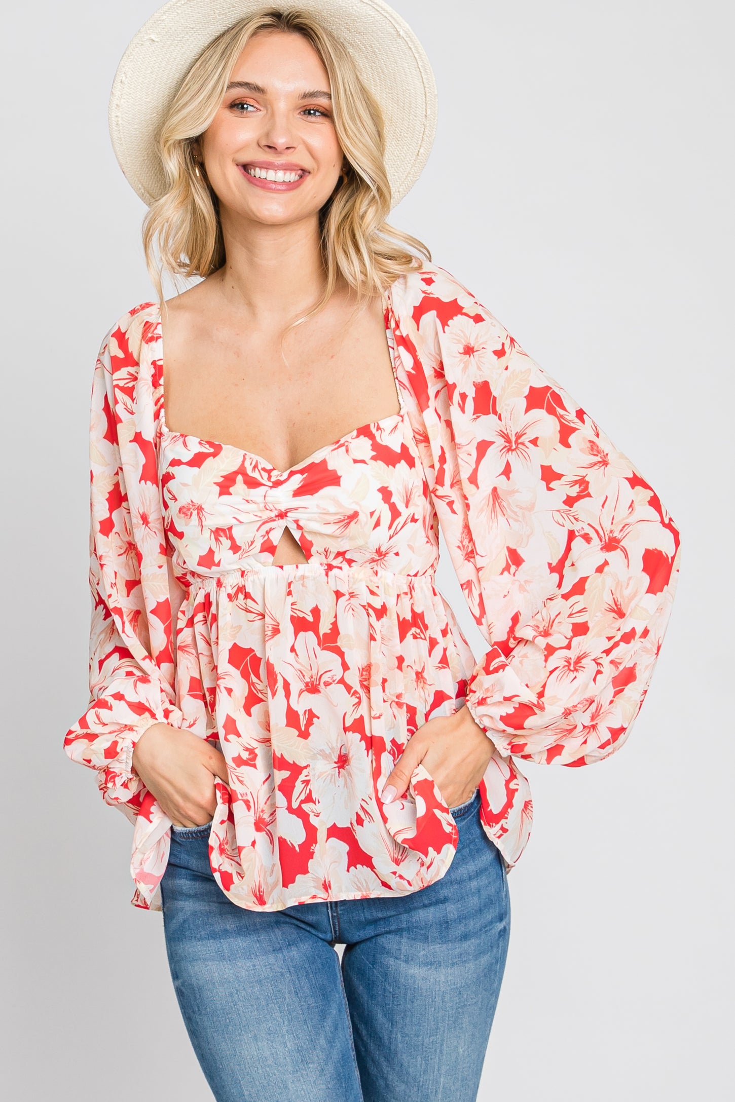 Red Floral Cutout Front Long Sleeve Blouse