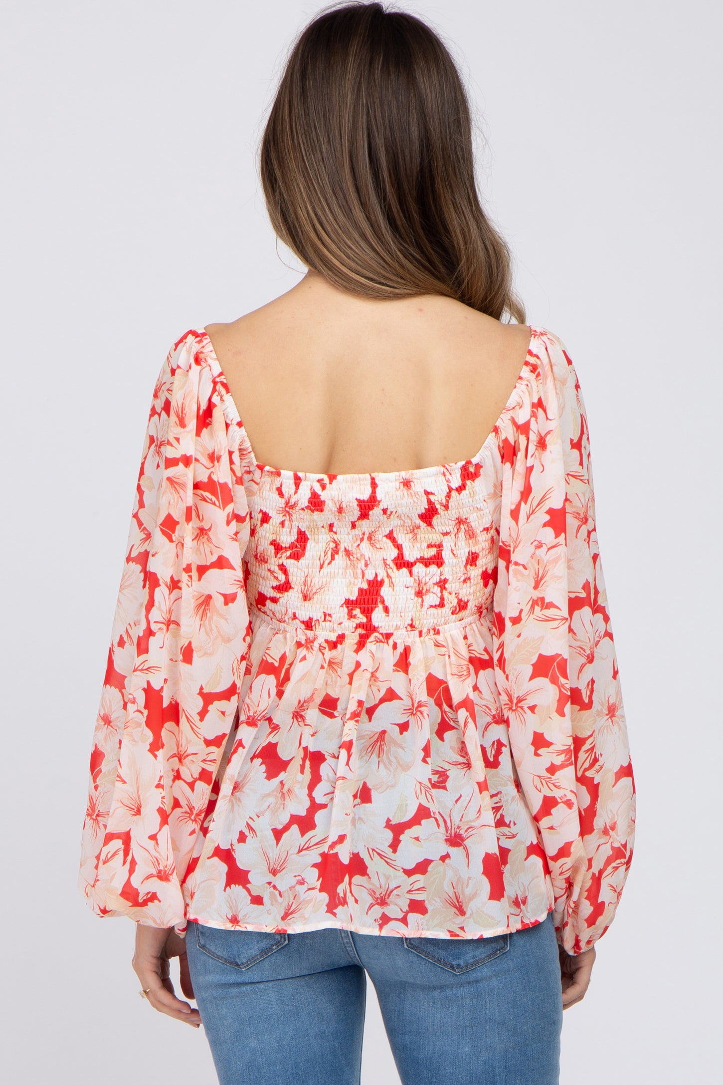 Red Floral Cutout Front Long Sleeve Maternity Blouse