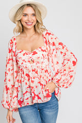 Red Floral Cutout Front Long Sleeve Maternity Blouse