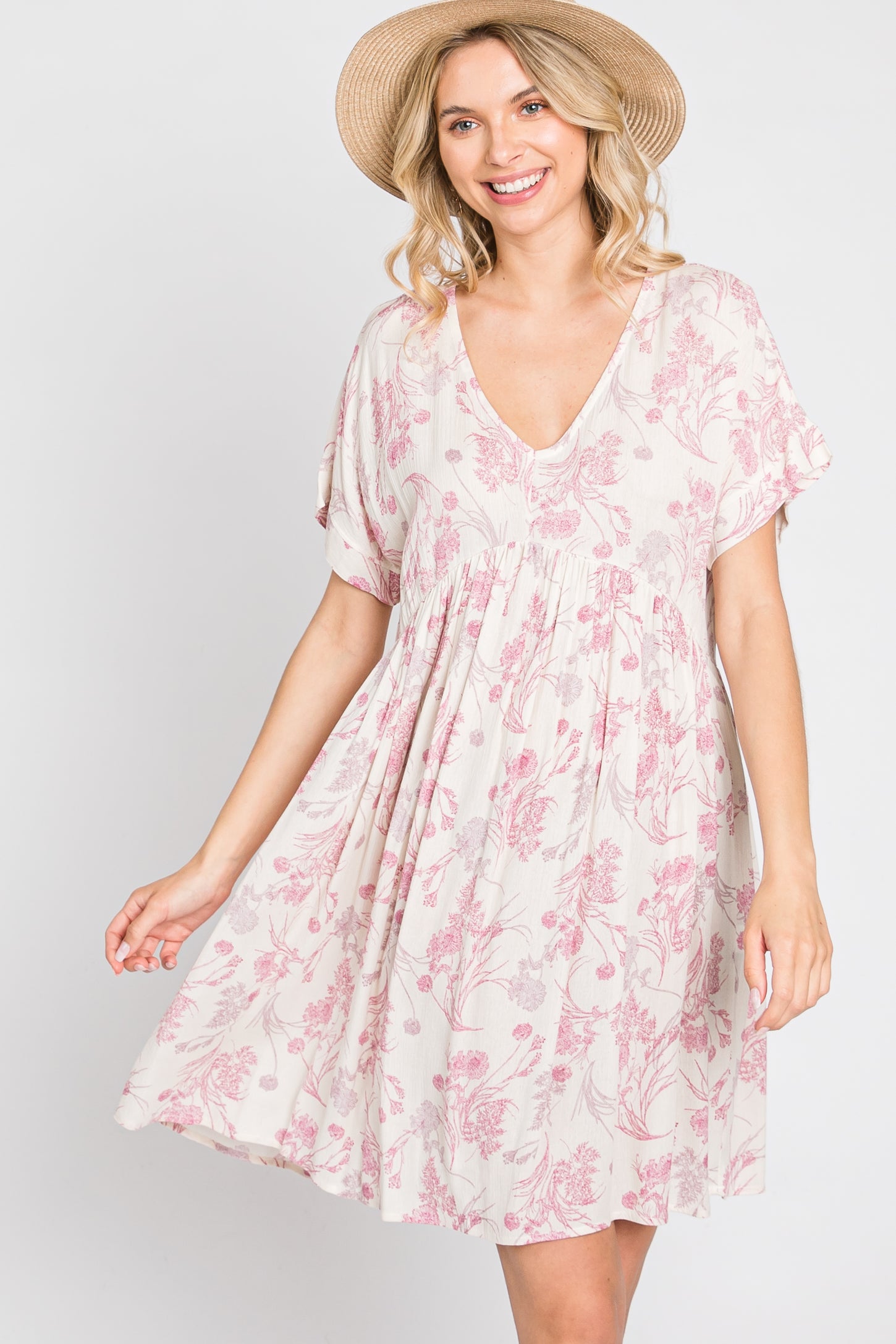 Pink Floral V-Neck Dress