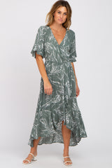 Green Leaf Print Hi-Low Wrap Midi Dress