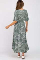 Green Leaf Print Hi-Low Wrap Midi Dress