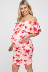 Pink Floral Off Shoulder Maternity Fitted Dress