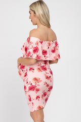 Pink Floral Off Shoulder Maternity Fitted Dress