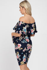 Navy Floral Off Shoulder Maternity Fitted Dress