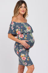 Teal Floral Off Shoulder Maternity Fitted Dress