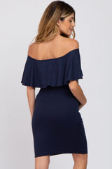 Navy Blue Off Shoulder Fitted Maternity Dress