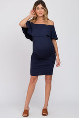 Navy Blue Off Shoulder Fitted Maternity Dress
