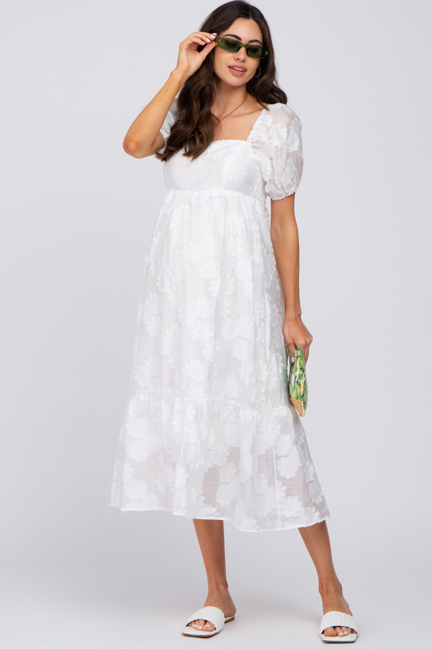 White Textured Floral Puff Sleeve Maternity Dress