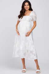 White Textured Floral Puff Sleeve Maternity Dress