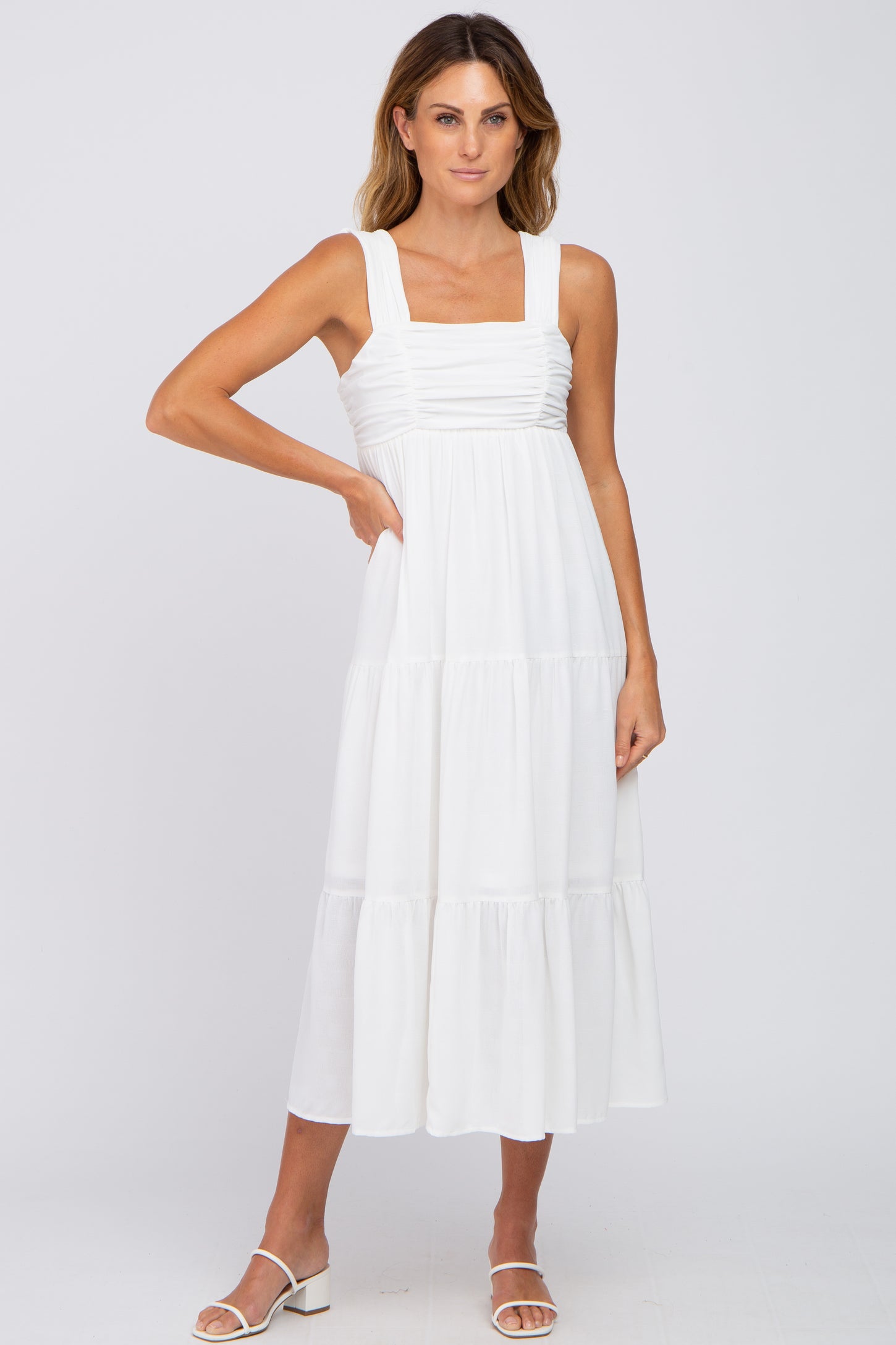 White Ruched Tiered Midi Dress– PinkBlush