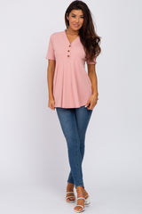 Pink Ribbed Button Accent Blouse