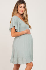 Sage Smocked Front Ruffle Hem Maternity Dress