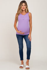 Lavender Sleeveless Ribbed Button Front Maternity Top