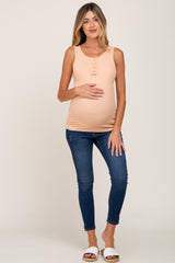 Peach Sleeveless Ribbed Button Front Maternity Top