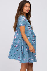 Blue Floral Off Shoulder Tiered Maternity Dress