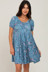 Blue Floral Off Shoulder Tiered Maternity Dress