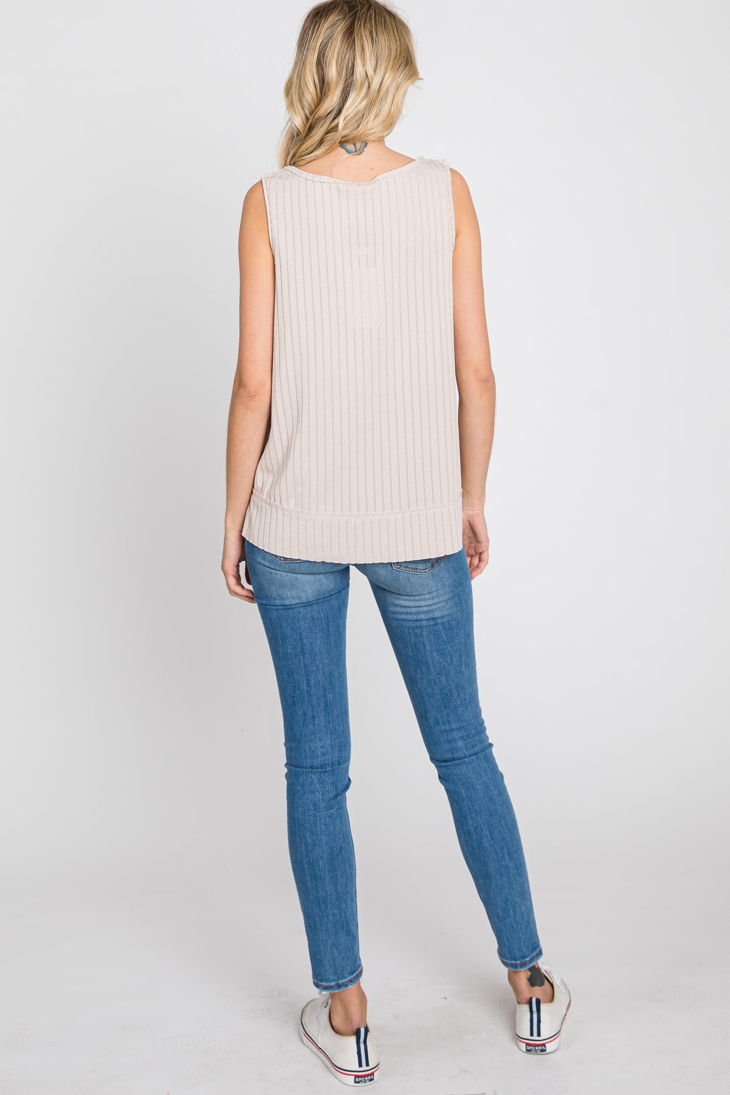 Beige Ribbed Raw Hem Tank Top