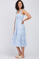 Blue Gingham Smocked Tiered Midi Dress