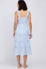 Blue Gingham Smocked Tiered Midi Dress