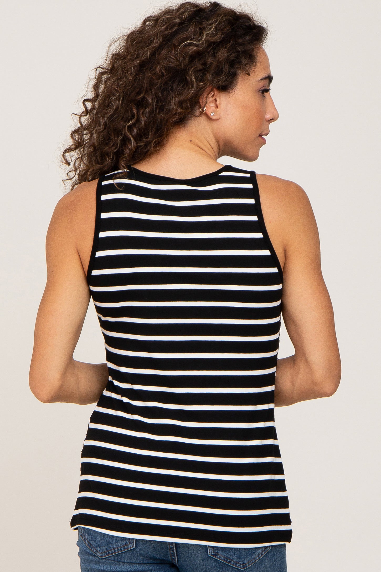Black Striped Button Front Sleeveless Top