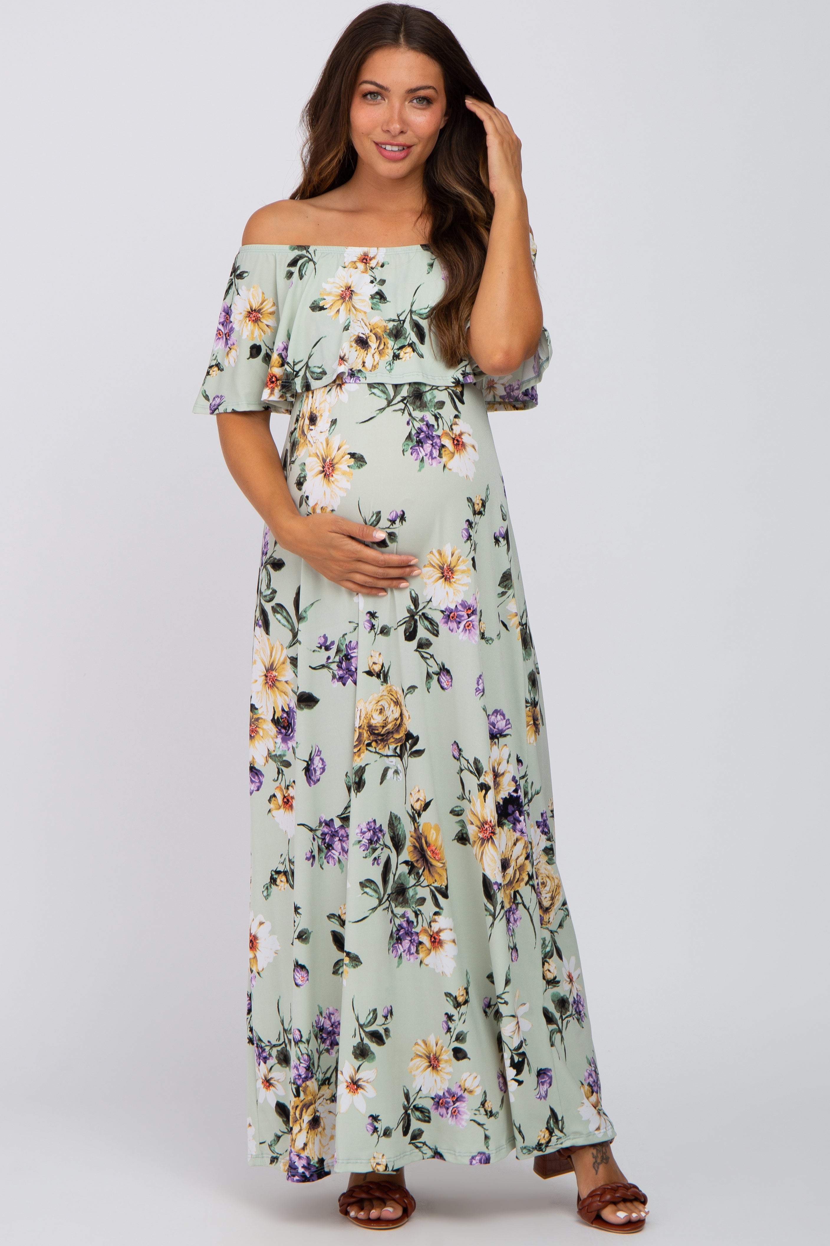 floral off the shoulder maternity dress blue floral maternity dress Floral Off Shoulder Maternity Maxi Dress BLUE / LARGE